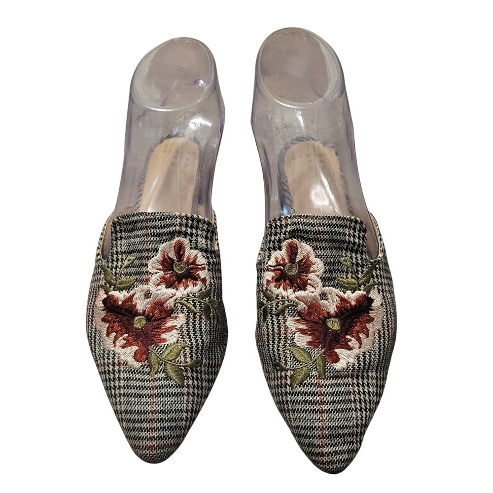 Womens Plaid Floral Embroidered Pointed Toe Mules Fall Preppy Flat Slide 5.5